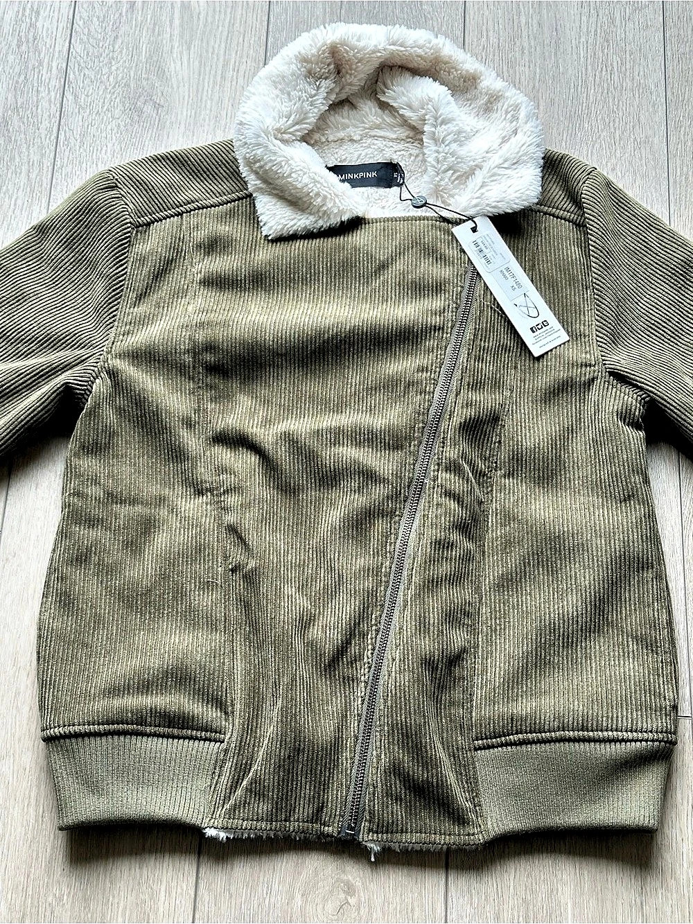 MINKPINK Corduroy Sherpa Biker Jacket Green & Cream
